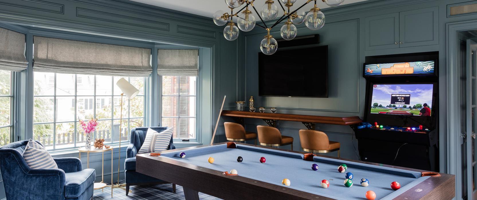 Home Game Room in Blues - Erin Gates Design; Michael J. Lee Photography